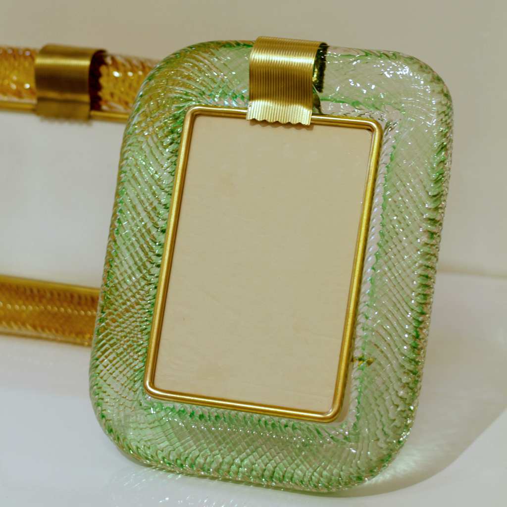 Venini 1980s Italian Vintage Emerald Green Murano Glass and Brass Picture Frame