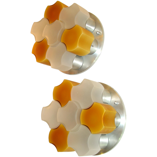 Martinelli Luce 1963 Rare Pair of White and Orange Glass Wall or Flush Lights - Cosulich Interiors & Antiques