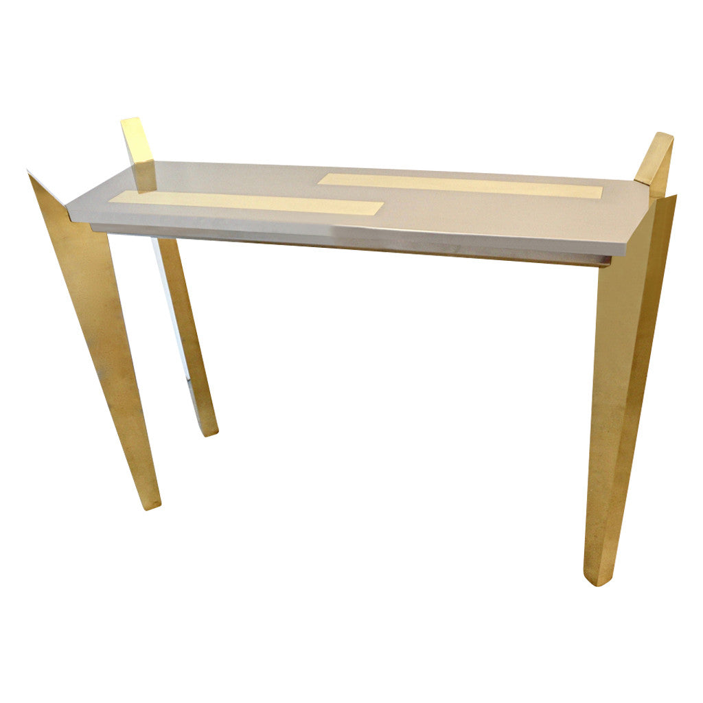 1970's Vintage Italian Brass and Nickel Wood Console of Modern Graphic Design - Cosulich Interiors & Antiques