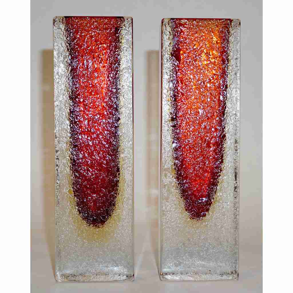 1950 Italian Pair of Organic Crystal, Yellow & Red Murano Art Glass Flower Vases - Cosulich Interiors & Antiques