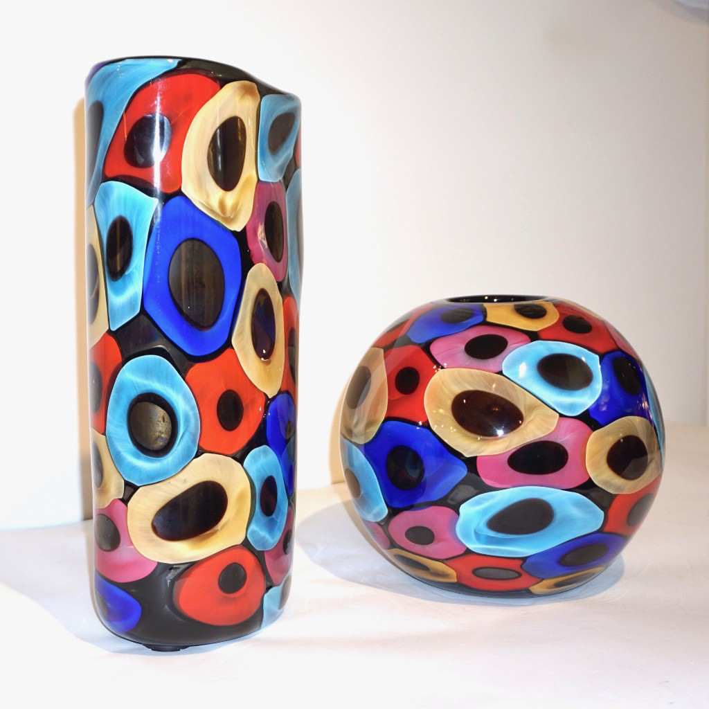 Camozzo 1990 Modern Black Azure Blue Red Pink Yellow Murano Tall Glass Vase