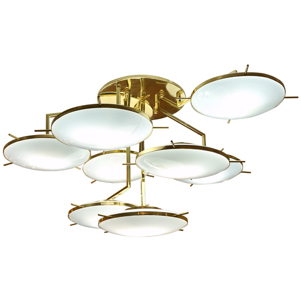 Italian Contemporary Multi Level Brass and White Murano Glass Disk Chandelier - Cosulich Interiors & Antiques
