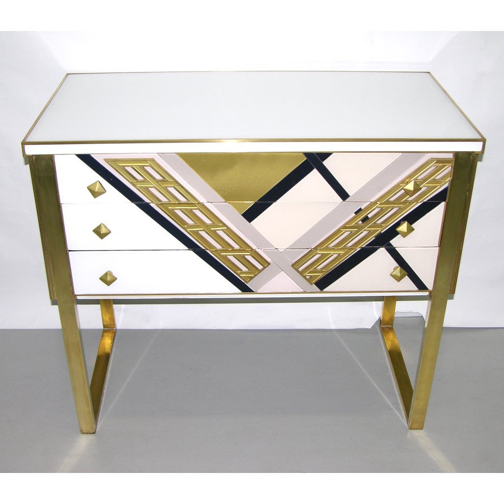 1990s Italian Unique White Black and Gold Chest or Sideboard on Brass Legs - Cosulich Interiors & Antiques