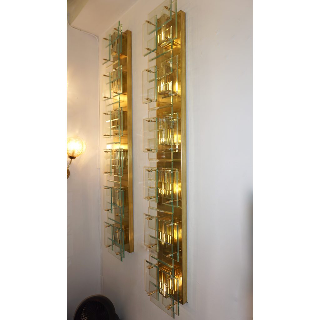 1980s Italian Pair of Modern Gold Brass Monumental Sconces with Aqua Tint Glass - Cosulich Interiors & Antiques