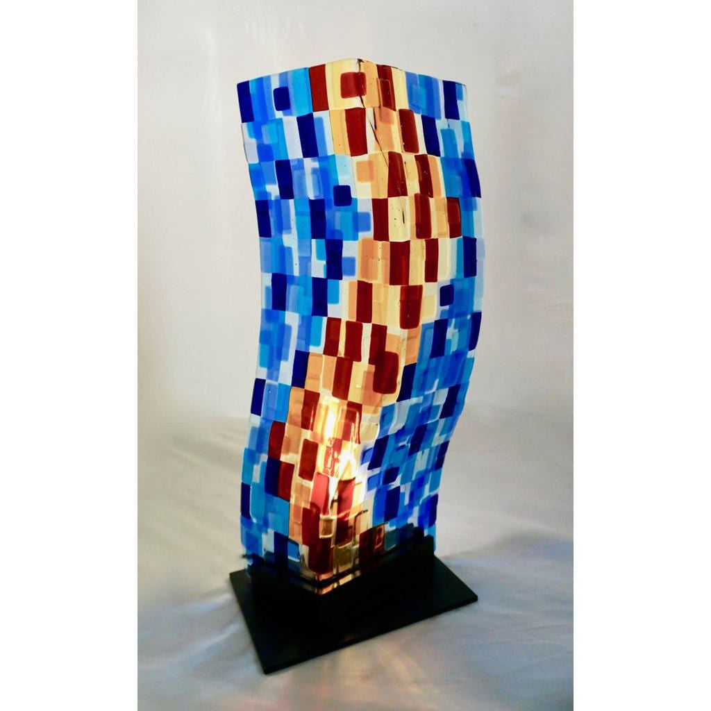 Contemporary Italian Aqua Blue Red Yellow Murano Glass Mosaic Sculpture Lamp - Cosulich Interiors & Antiques