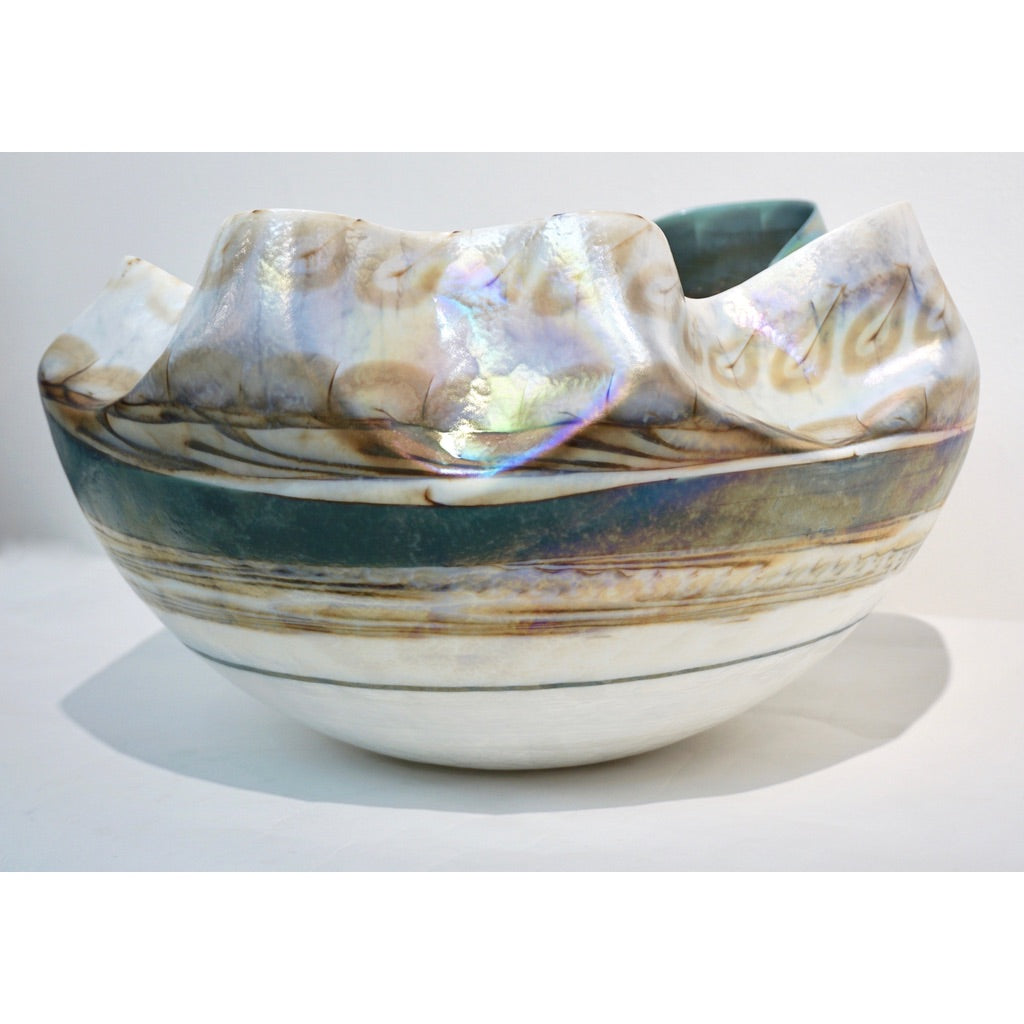 Huge Pair of Blue and Mother-of-Pearl White Murano Glass Iridescent Bowls - Cosulich Interiors & Antiques