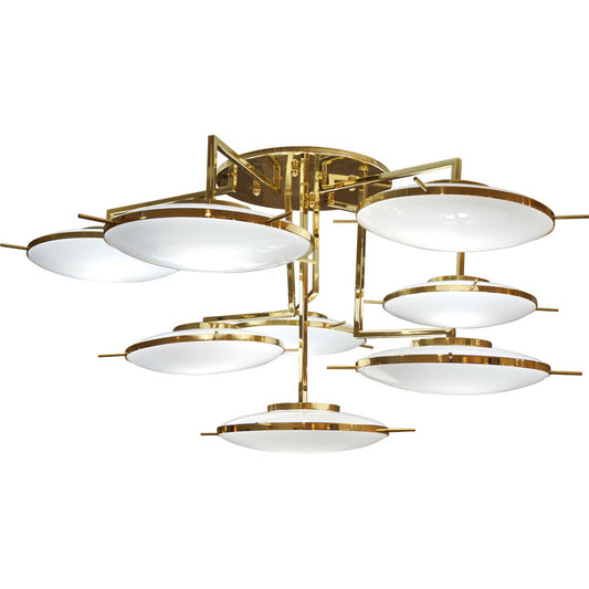 Italian Contemporary Multi Level Brass and White Murano Glass Disk Chandelier - Cosulich Interiors & Antiques