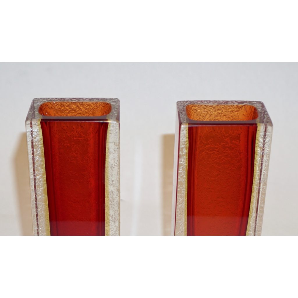 1950 Italian Pair of Organic Crystal, Yellow & Red Murano Art Glass Flower Vases - Cosulich Interiors & Antiques