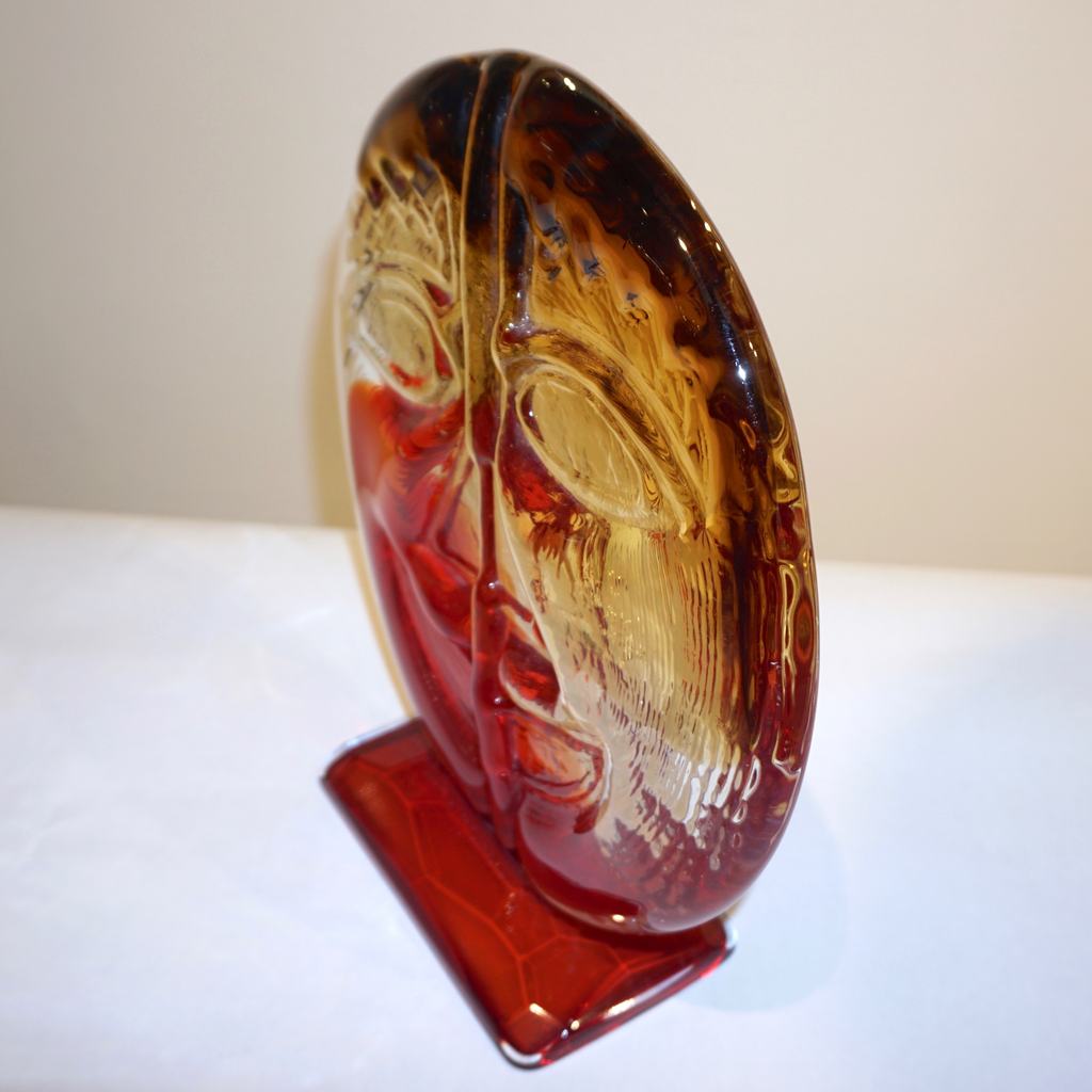 Cesare Toso 1970s Pair of Abstract Art Red and Amber Murano Glass Round Faces - Cosulich Interiors & Antiques