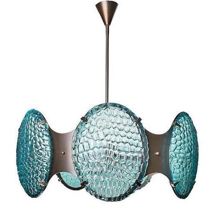 Bespoke Italian Organic Aquamarine Murano Glass Round Brass Chandelier Pendant
