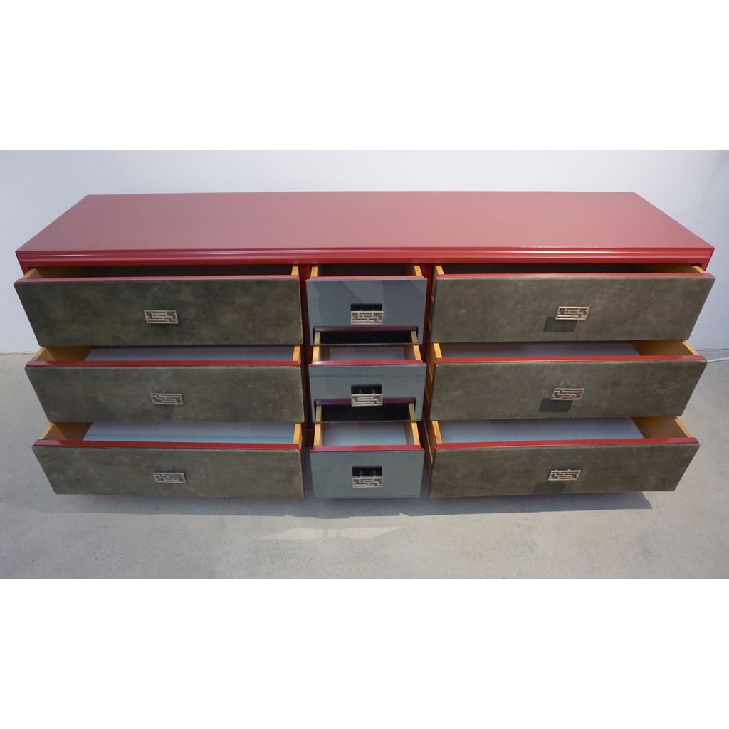 1970 Italian Green Leather Burgundy Lacquer Dresser with Mirror & Bronze Accents - Cosulich Interiors & Antiques