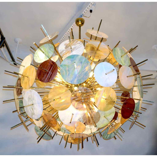 Contemporary Italian Brass & Pastel Colored Murano Glass Oval Sputnik Chandelier - Cosulich Interiors & Antiques
