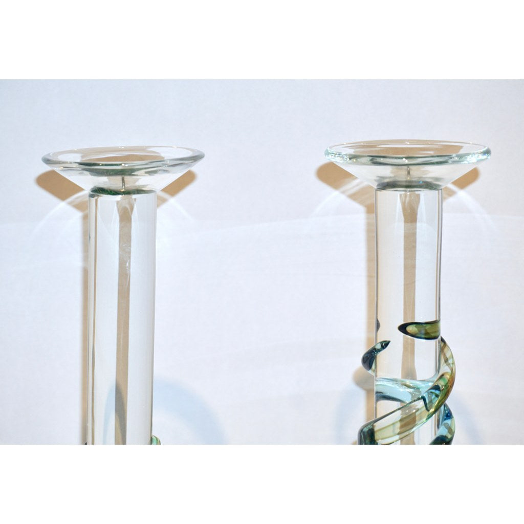 Cenedese 1970s Vintage Italian Yellow Green Aqua Blue Murano Glass Candlesticks - Cosulich Interiors & Antiques