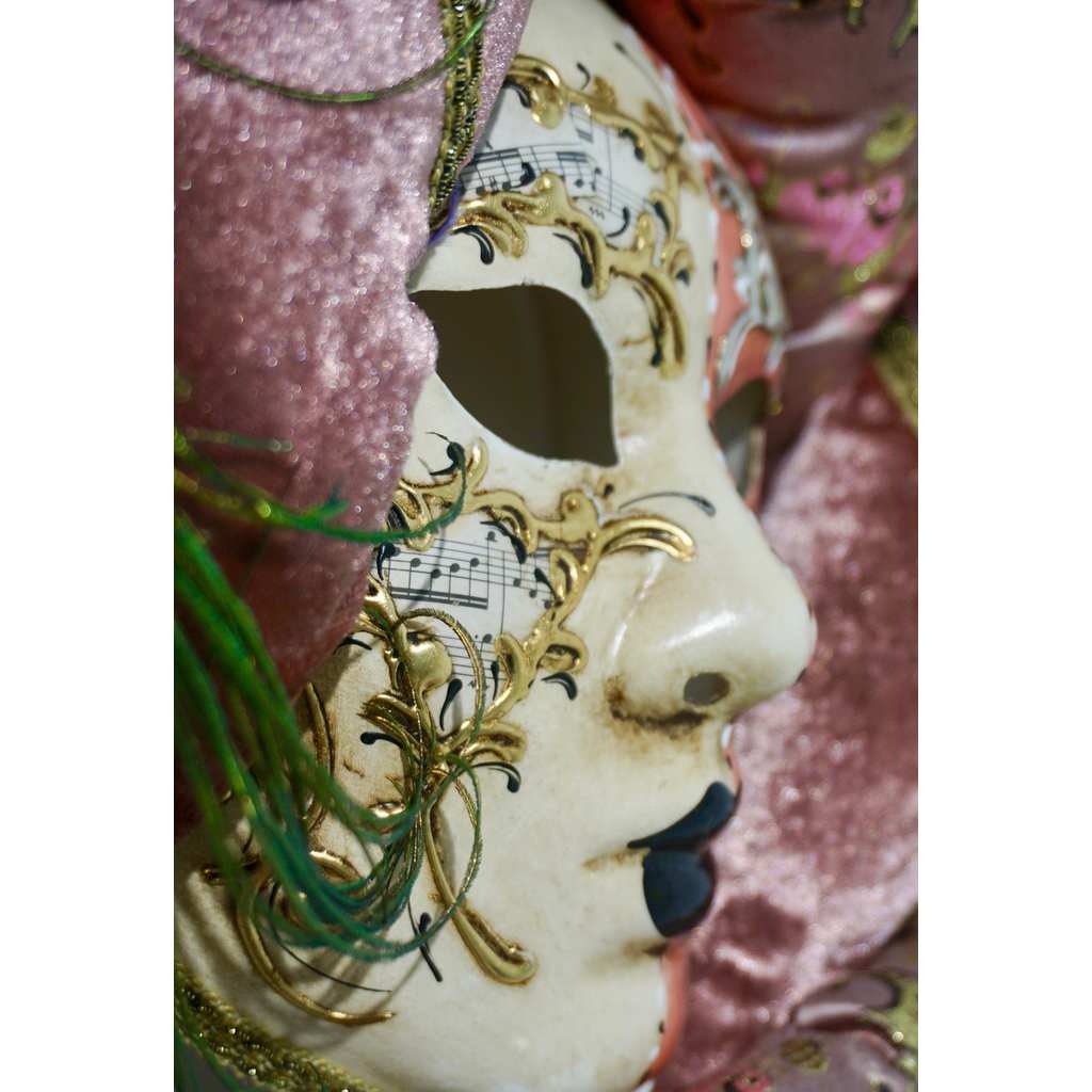 Venetian Handmade Pink Rose Fabric Turban Mask with Handle and Feathers - Cosulich Interiors & Antiques