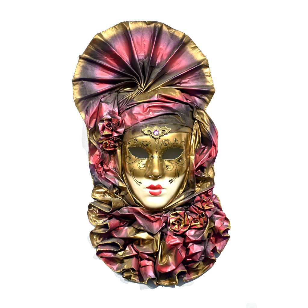 Venetian Handmade Gold and Rose Pink Mask with Flower Pleated Jabot - Cosulich Interiors & Antiques