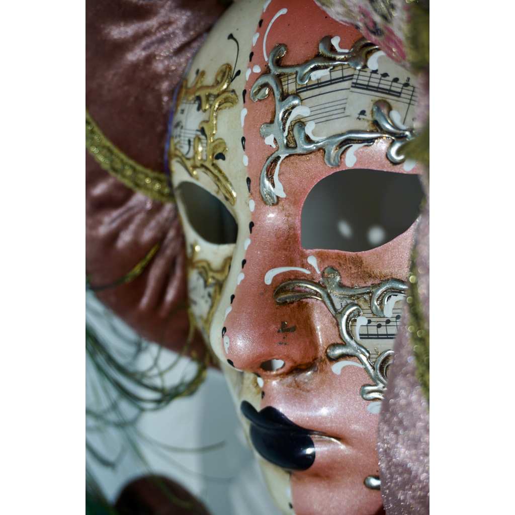 Venetian Handmade Pink Rose Fabric Turban Mask with Handle and Feathers - Cosulich Interiors & Antiques