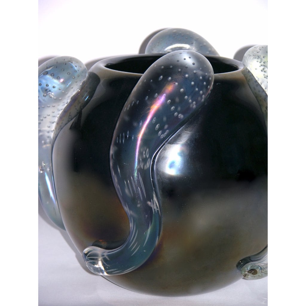 Costantini Italian Pair of Sculpture Iridescent Black Murano Glass Round Vases - Cosulich Interiors & Antiques