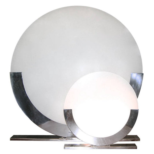 Monumental Italian Design Pair of White and Chrome Round Floor or Table Lamps - Cosulich Interiors & Antiques