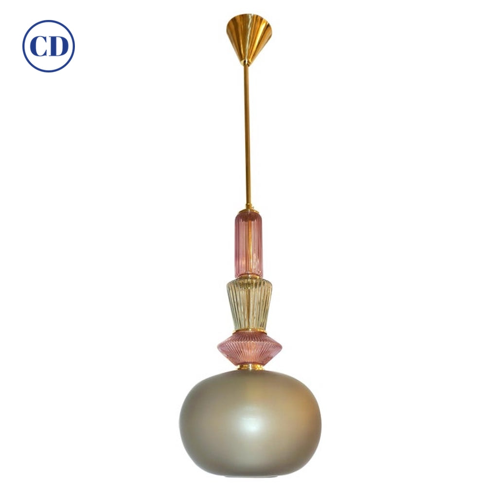 Bespoke Italian Organic Amethyst Gray Green Murano Glass Brass Pendant Light