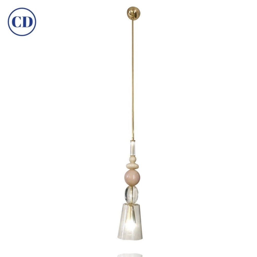 Contemporary Italian Crystal Pink & Gold Cream White Murano Glass Pendant Light
