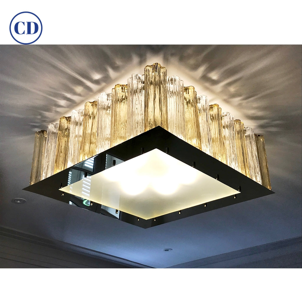 Contemporary Square Italian Crystal Amber Murano Glass Flush Chandelier/Pendant