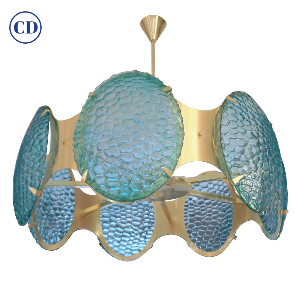 Bespoke Italian Organic Aquamarine Murano Glass Round Brass Chandelier Pendant