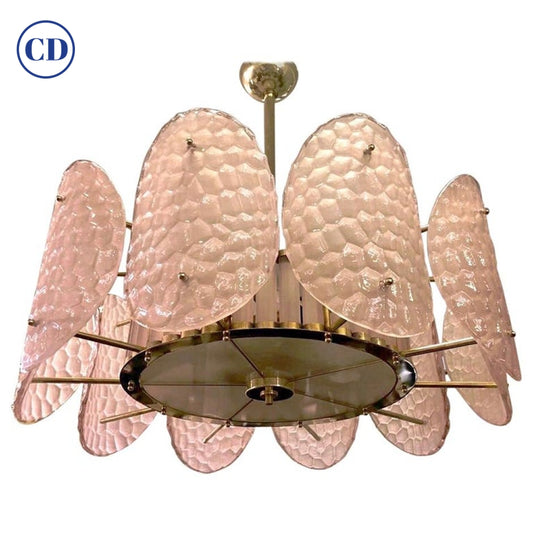 Bespoke Italian Crystal Rose Pink Murano Glass Brass Chandelier / Flushmount