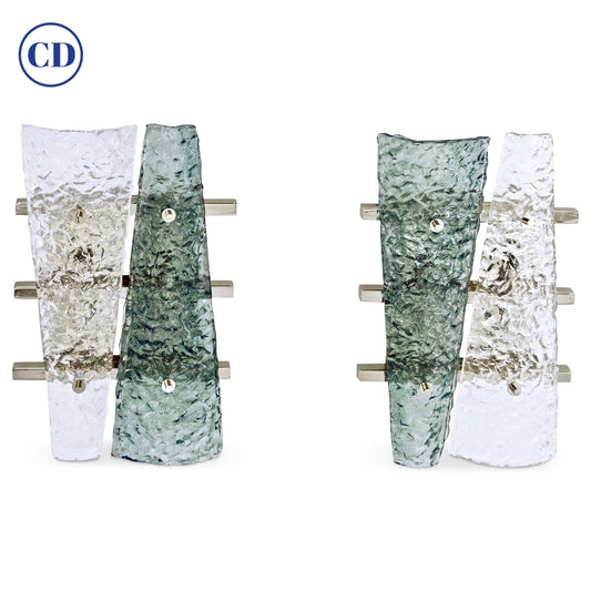 Contemporary Pair of Geometric Crystal & Aqua Green Murano Glass Nickel Sconces