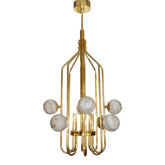 Bespoke Italian Alabaster White Murano Glass Brass Curved Globe Chandelier