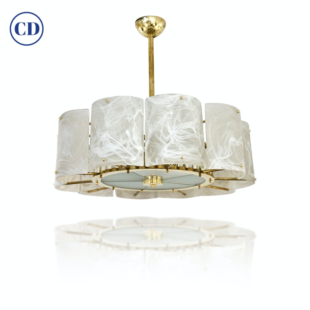Bespoke Italian Crystal Ivory White Murano Glass Brass Chandelier / Flushmount