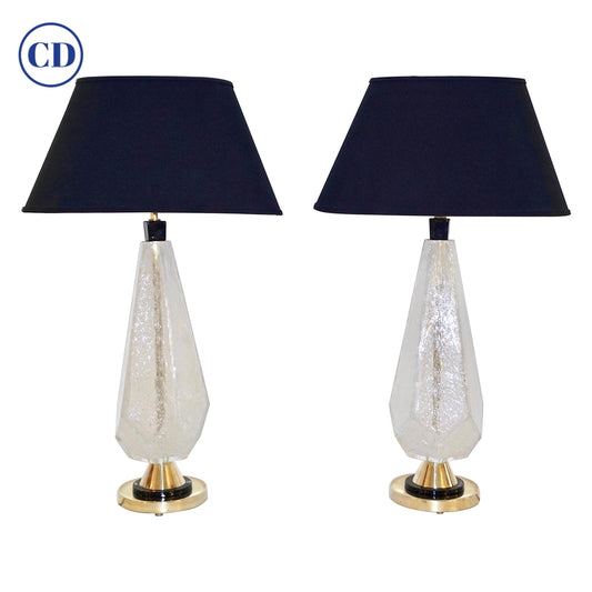 Contemporary Italian Pair of Diamond Cut Black and Crystal Murano Glass Lamps
