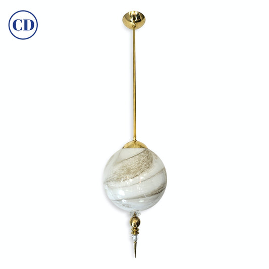 Contemporary Italian Brass and Cream White Alabaster Glass Round Pendant Light