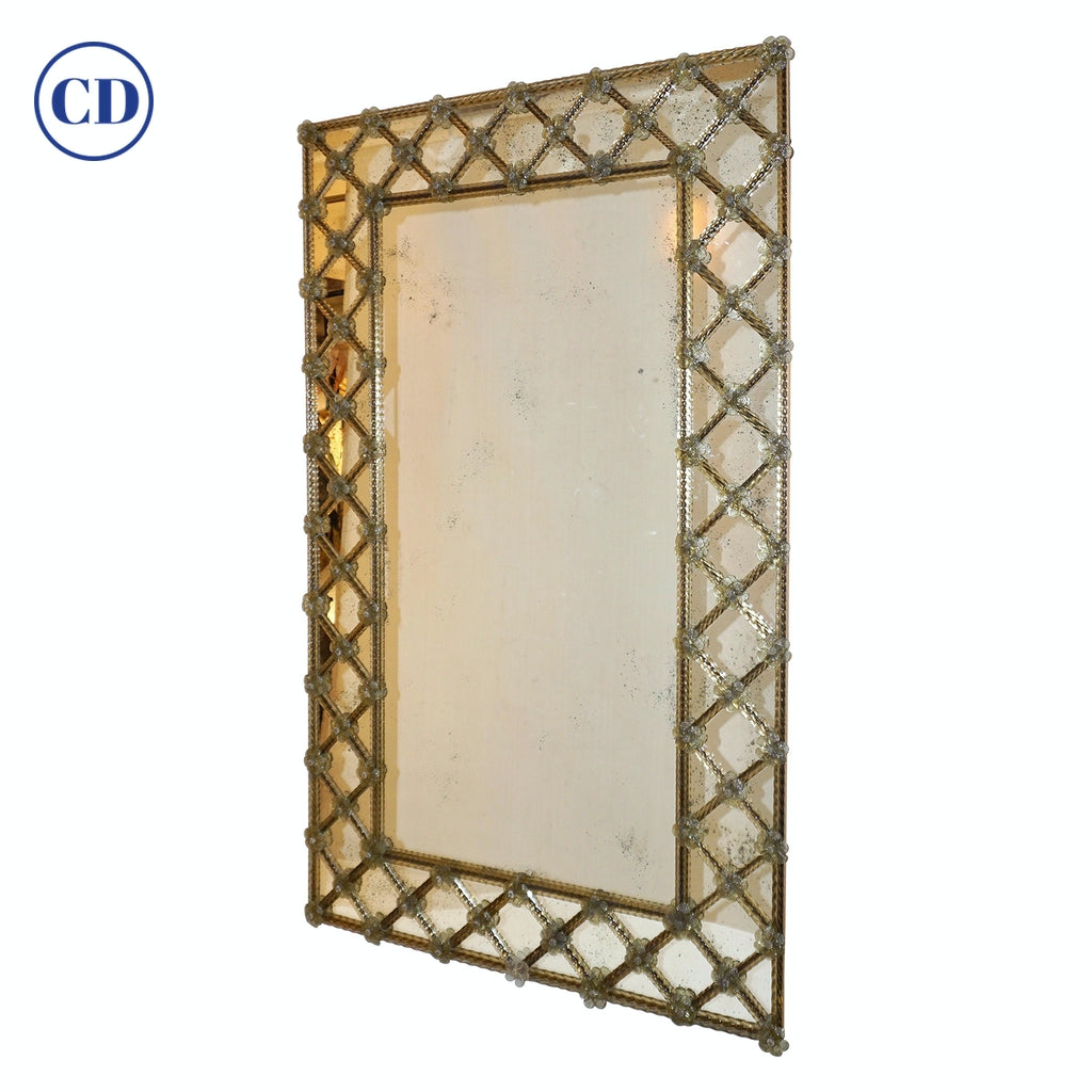Contemporary Italian Venetian Geometric Amber Gold Murano Glass Lattice Mirror