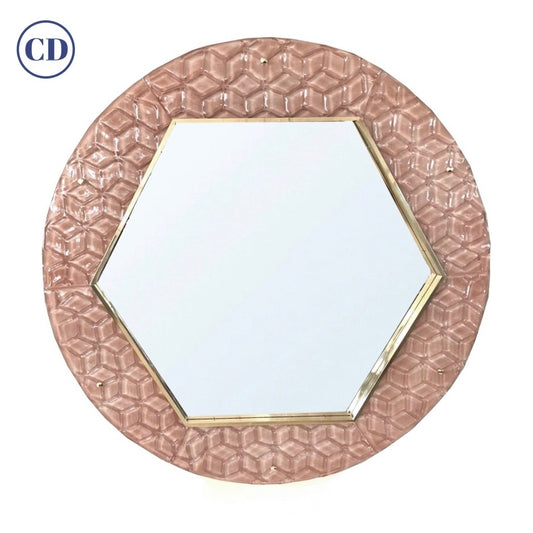 Bespoke Italian Custom Brass and Embossed Pink Murano Glass Modern Round Mirror