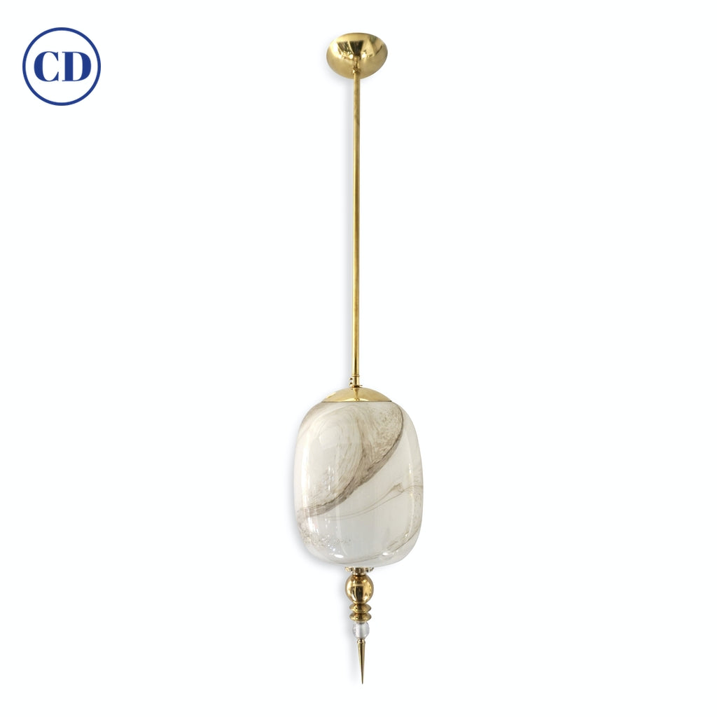Bespoke Italian Brass & Cream White Alabaster Glass Cylinder Pendant / Lantern