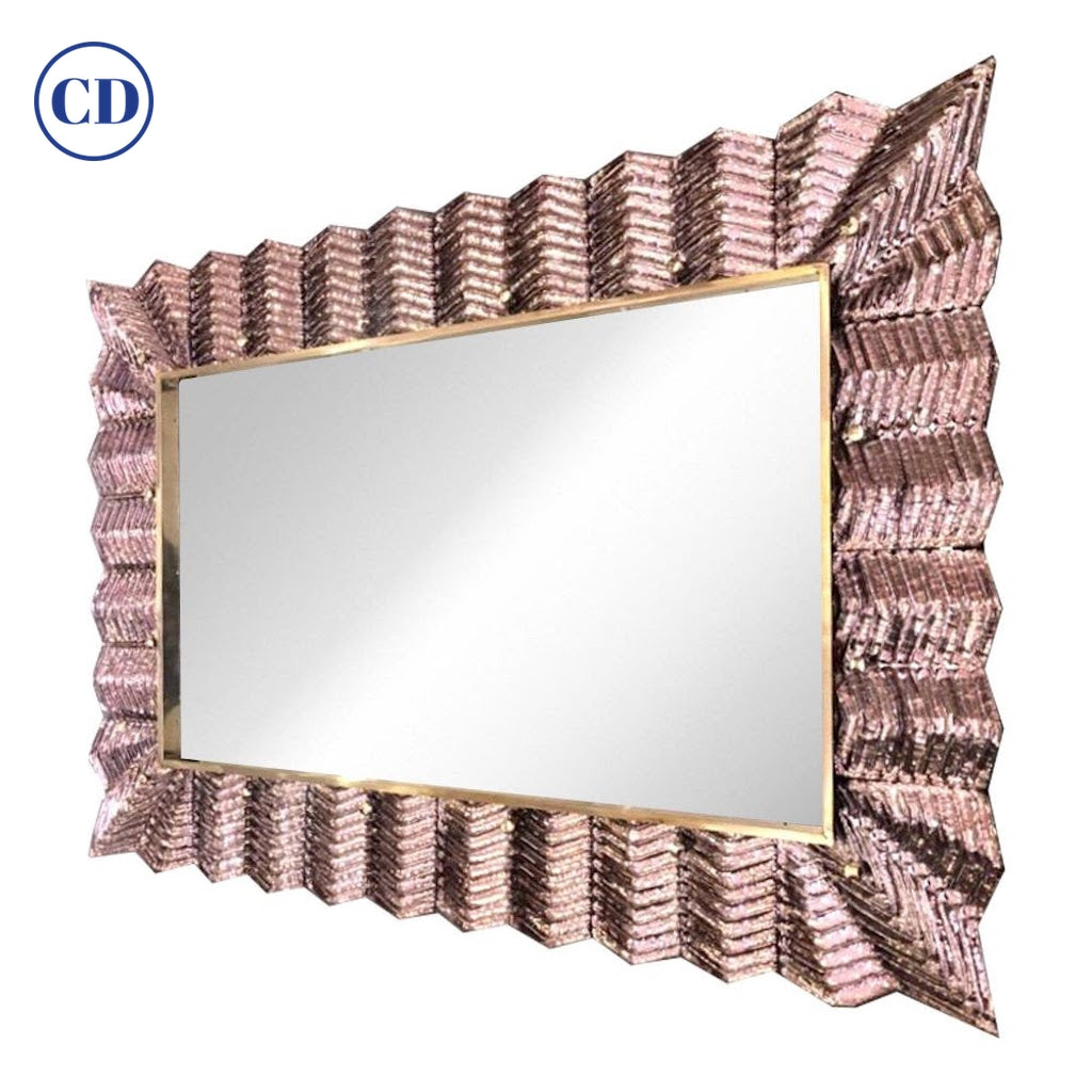 Bespoke Italian Art Deco Design Ruffled Silver Pink Murano Glass Brass Mirror