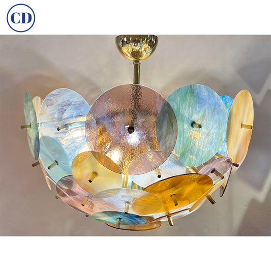 Italian Yellow White Pink Aqua Blue Pastel Murano Glass Brass Sputnik Chandelier