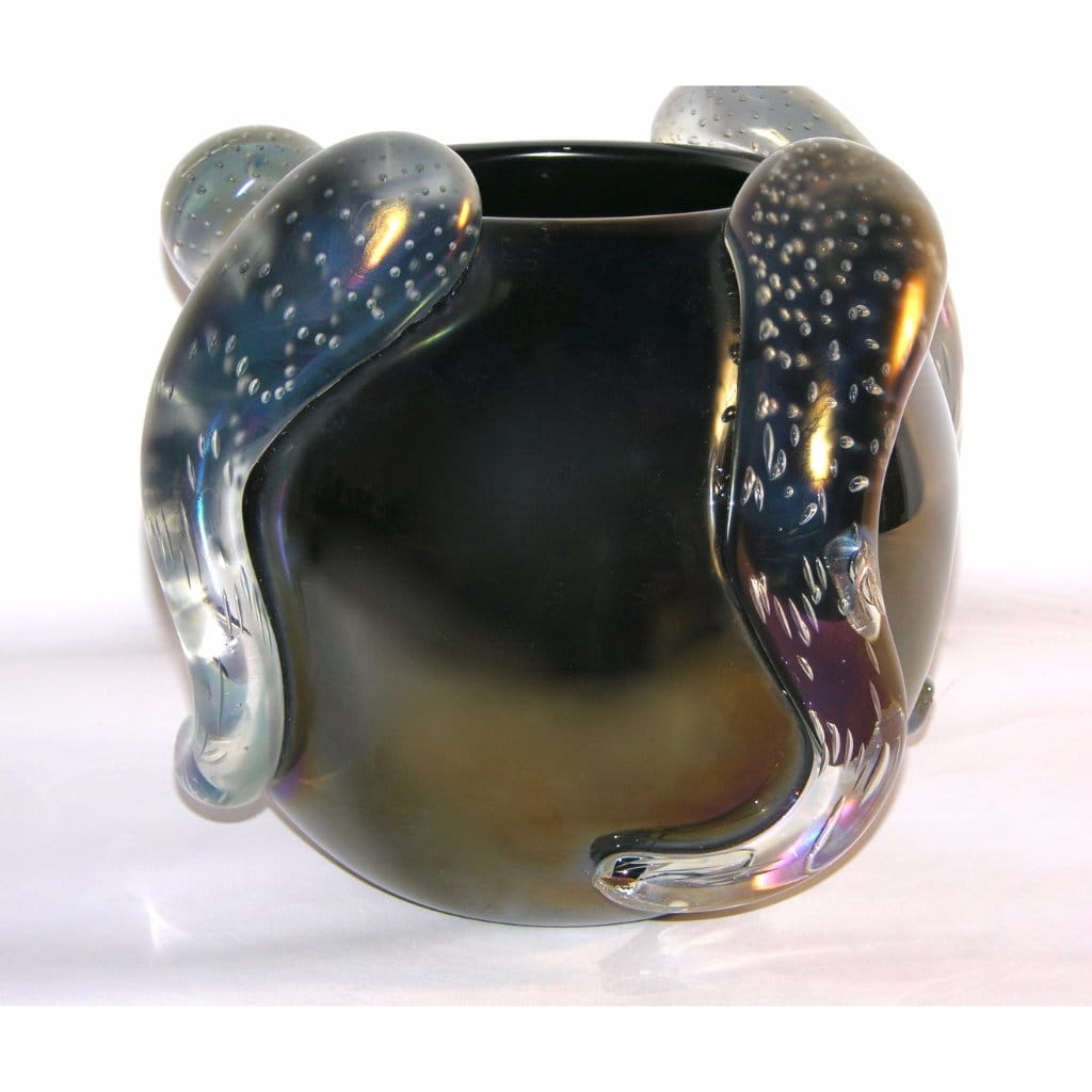 Costantini Italian Pair of Sculpture Iridescent Black Murano Glass Round Vases - Cosulich Interiors & Antiques
