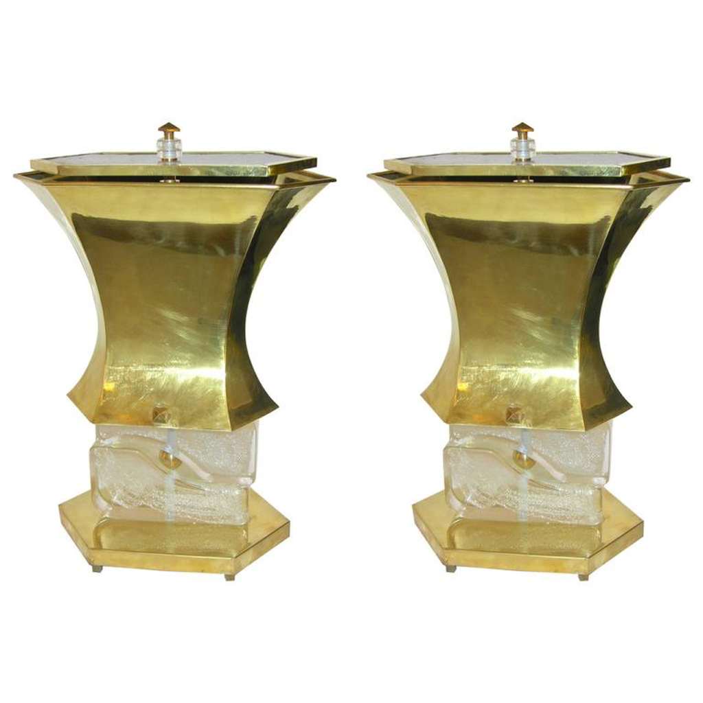 Gucci 1980s Italian Pair of Modern Gold Brass and Glass Lamps - Cosulich Interiors & Antiques
