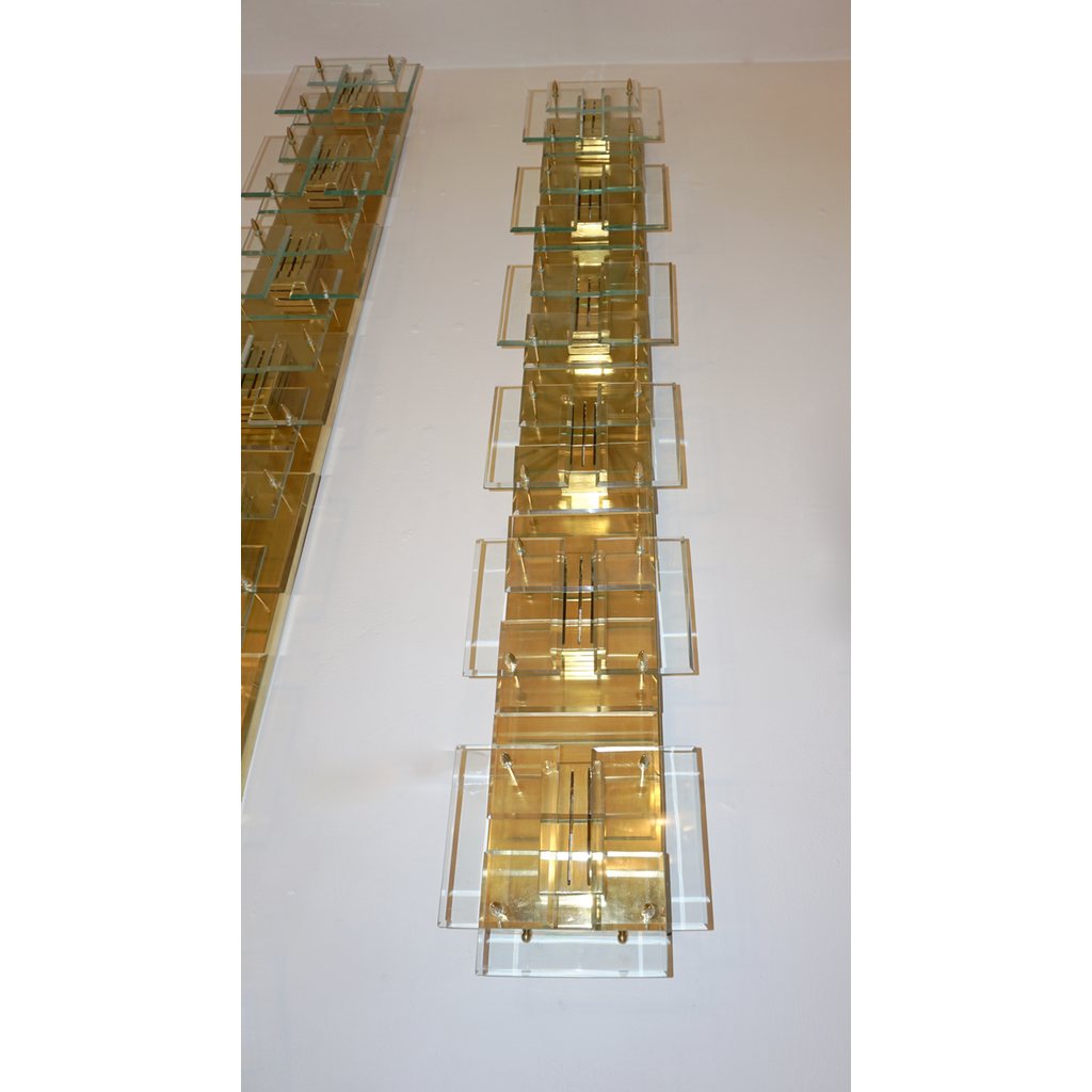 1980s Italian Pair of Modern Gold Brass Monumental Sconces with Aqua Tint Glass - Cosulich Interiors & Antiques