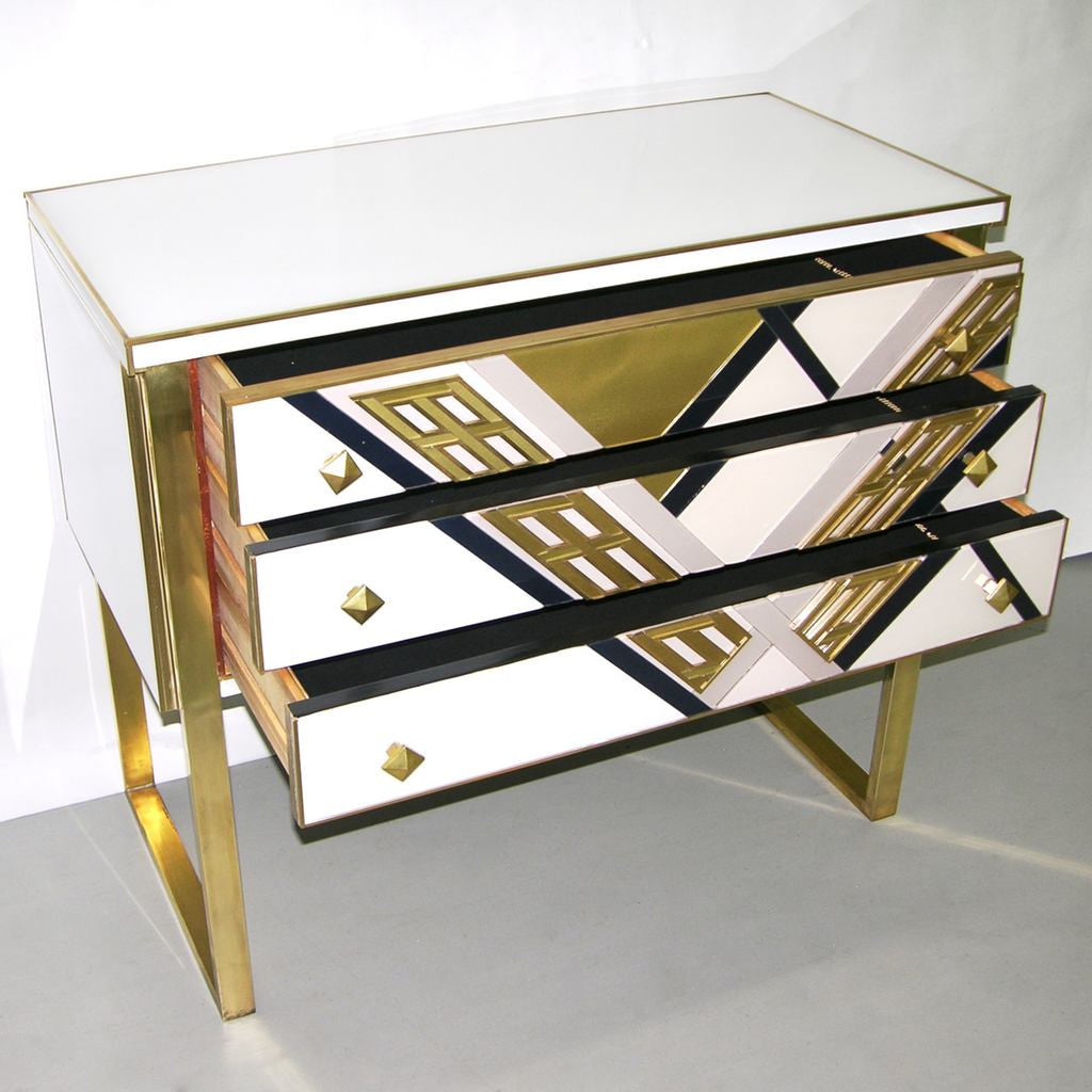 1990s Italian Unique White Black and Gold Chest or Sideboard on Brass Legs - Cosulich Interiors & Antiques