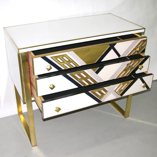 1990s Italian Unique White Black and Gold Chest or Sideboard on Brass Legs - Cosulich Interiors & Antiques