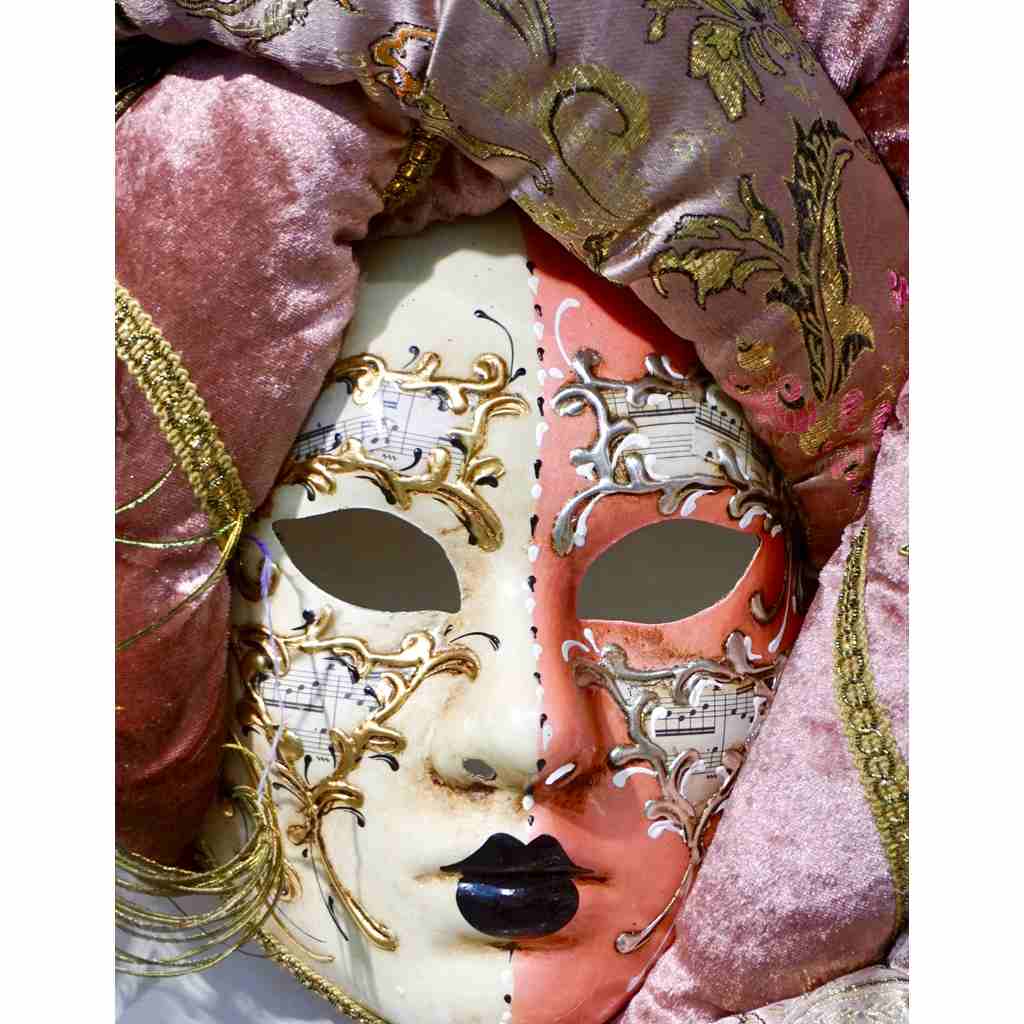 Venetian Handmade Pink Rose Fabric Turban Mask with Handle and Feathers - Cosulich Interiors & Antiques