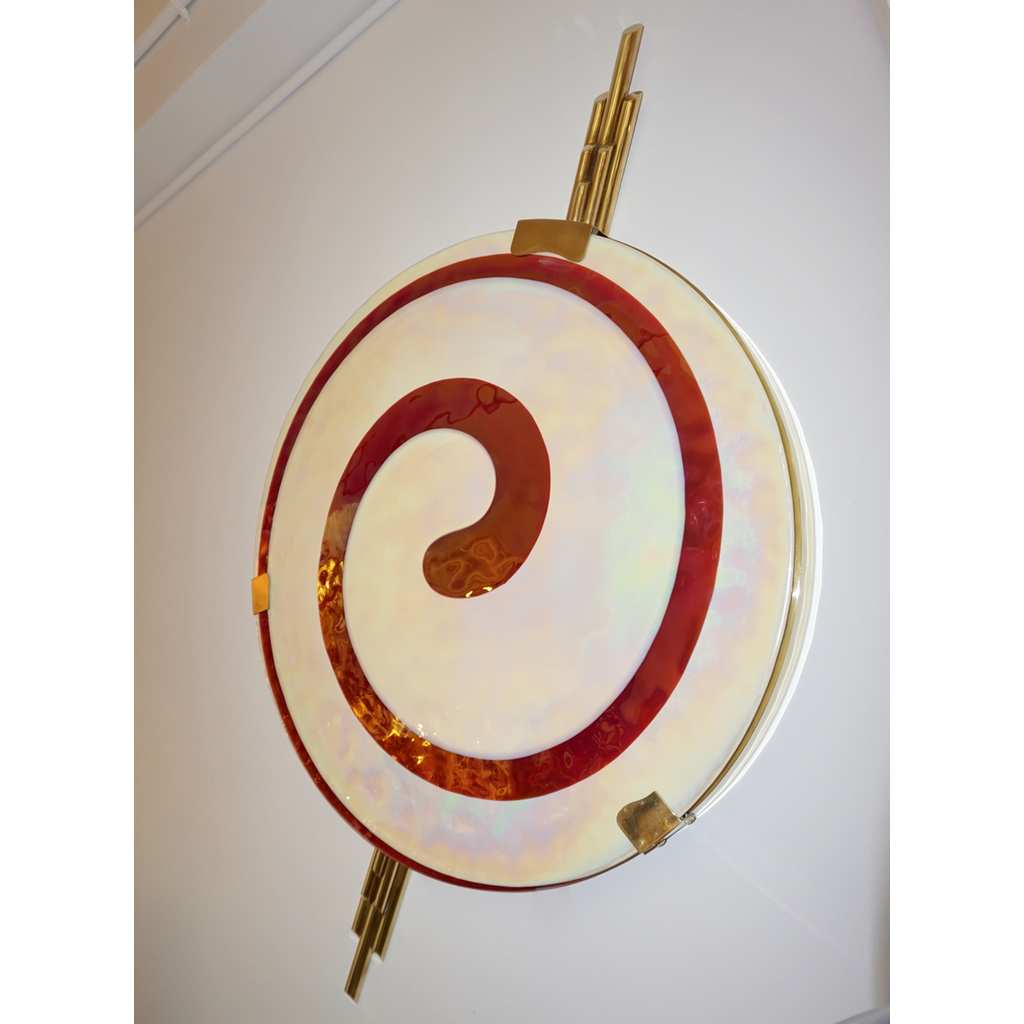 Art Deco Style Monumental Pair of Burgundy Ivory White Murano Glass Wall/Ceiling Lights - Cosulich Interiors & Antiques