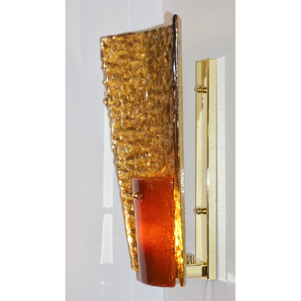 Contemporary Italian Pair of Gold and Amber/Orange Murano Glass Organic Sconces