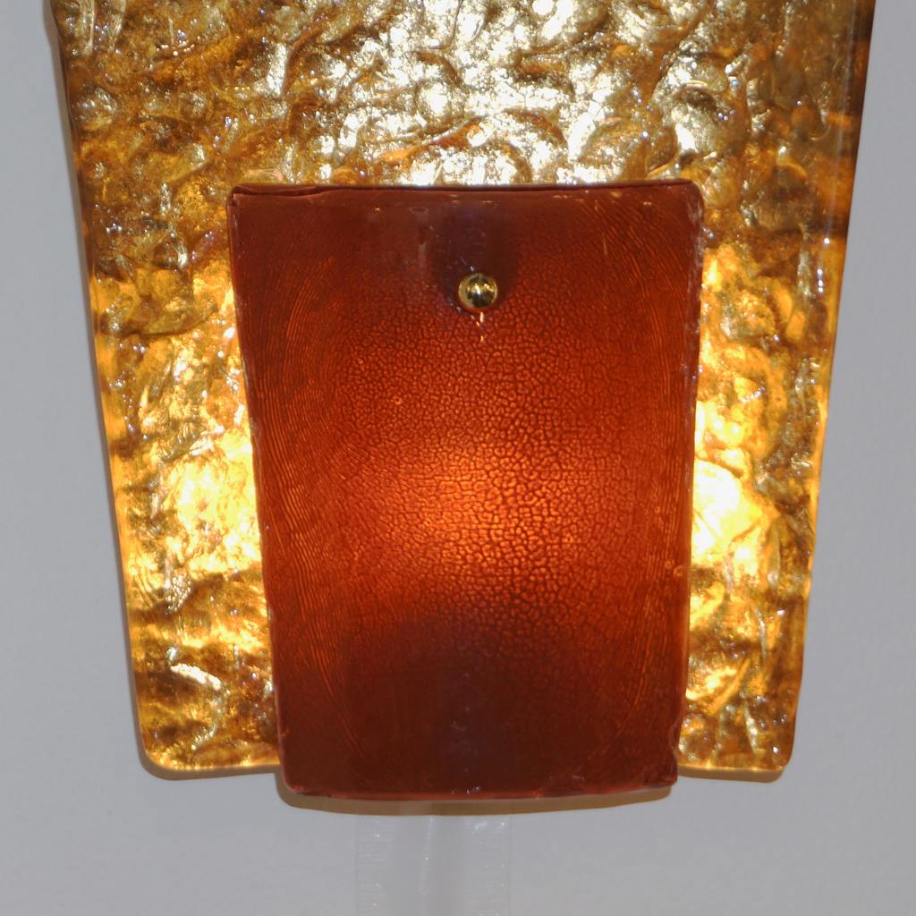 Contemporary Italian Pair of Gold and Amber/Orange Murano Glass Organic Sconces
