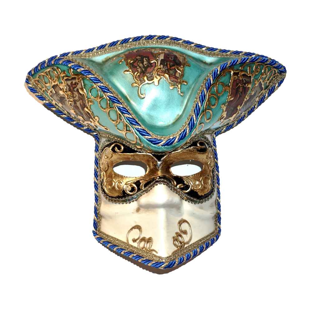 Aqua White and Gold Male Venetian Carnival Mask with Hat - Cosulich Interiors & Antiques
