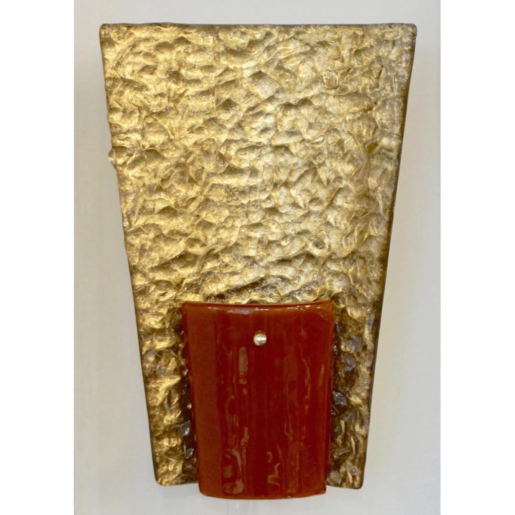 Contemporary Italian Pair of Gold and Amber/Orange Murano Glass Organic Sconces
