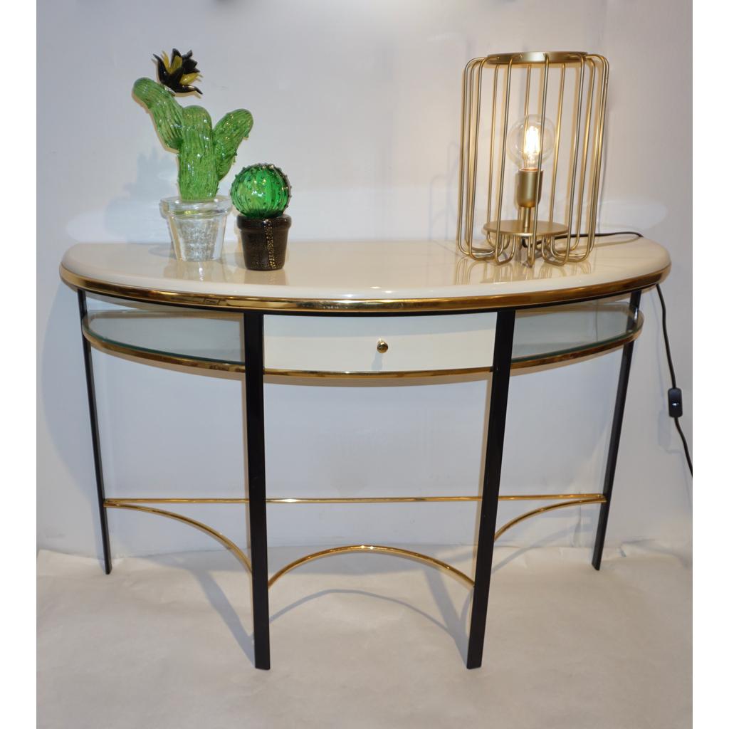1970s Vintage Italian One-Drawer Black & Cream Lacquered Brass Demi Lune Console