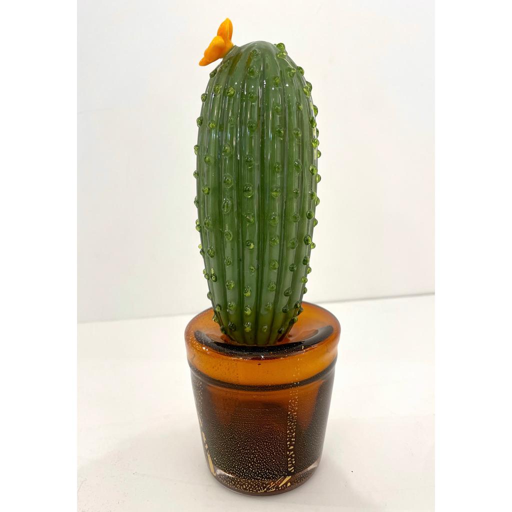 1990s Vintage Italian Green Murano Glass Tall Cactus Plant with Orange Flower